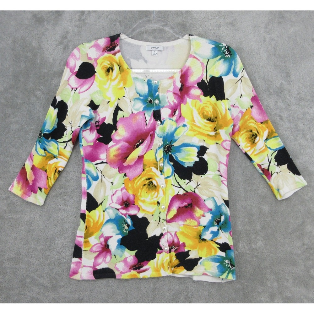 Vintage Cache Sweater Womens Size S Cardigan Floral Pearl Buttons 90s Fitted Y2K